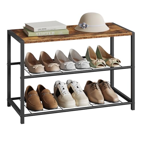 WOLTU Schuhbank Schuhregal mit Sitzfläche Badregal Schuhablage Schuhkommode Schuhständer Organizier Sitzbank mit 2 Ablagen für ca. 6 Paar Schuhe Holz Metall