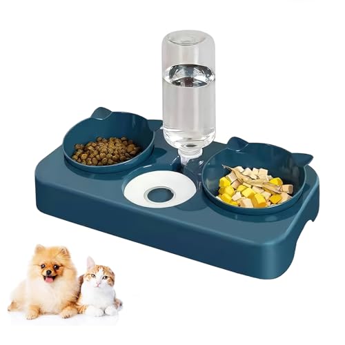 Futternapf Katze 3 in 1Futternapf Katzen mit automatischem Wasserspender Neigbar Katzennäpfe Abnehmbar Doppelte Futternapf kleine und mittlere Katzen und Hunde Blau
