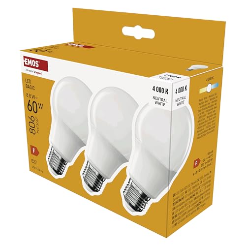 EMOS   BASIC A60 3er Pack   Sockel   Neutralweiß   806 lm   8 8W Ersatz für 60Wühbirne   Lebensdauer 20 000 Stunden   Abstrahlwinkel 200   CRI min. 80