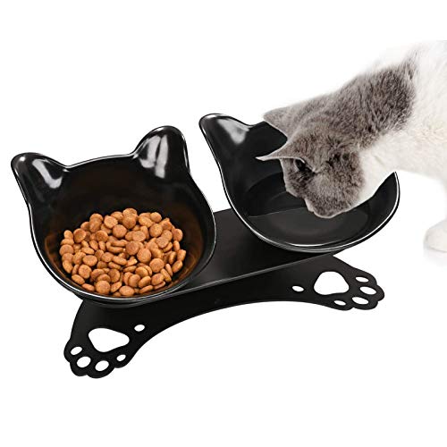 ZONSUSE Katzennäpfe 15 Geneigte Plattform Haustier Fressnapf Futter und Wasser napf im Set Doppelnapf Reduzieren Sie Nacken Schmerzen für Katzen und Hunde Haustier Zubehor Katze Schwarz