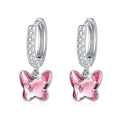 REDSUN S925 Sterling Silber Schmetterling Creolen Ohrringe Mädchen Kinder Hell Pink Kristall Tropfen Ohrhänger mit Zirkonia Schmetterling Schmuck für Damen Valentinstag