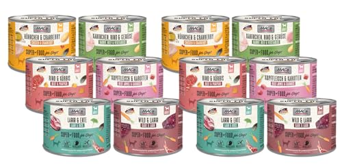 MAC s Dog 12 x 200g Mix Garantierte 6 Sorten Hoher Fleischanteil 90% Getreidefreies Nassfutter für Hunde Ohne Zucker Soja In der Eifel hergestellt Praktische 200g Dose