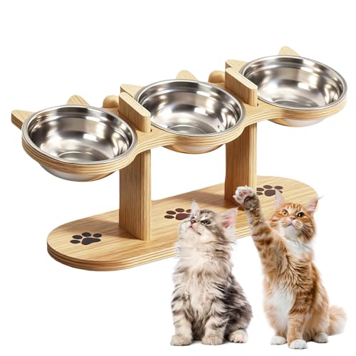 Katzennapf Erhöht 15 Gekippte Futterstation Katzen Futternapf Katze Erhöht Höhe mit Holz Ständer 3-in-1 Katze Futternapf und Wassernapf Set Futterstation Hundenapf für Katzen und Kleine Hunde
