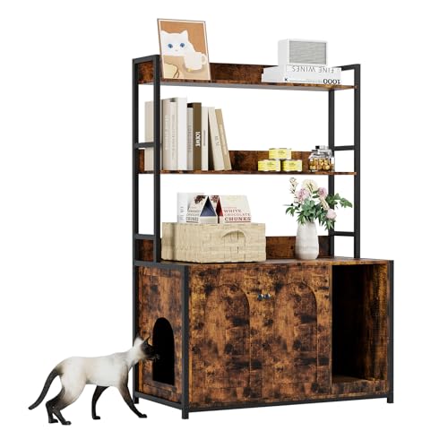 GarveeLife Große Katzentoilette mit Regalen und Türen 132 cm Katzentoilette Bücherregal Katzenklo Möbel für die meisten Katzentoiletten versteckte Katzentoilette Schrank mit Kratzpad Braun