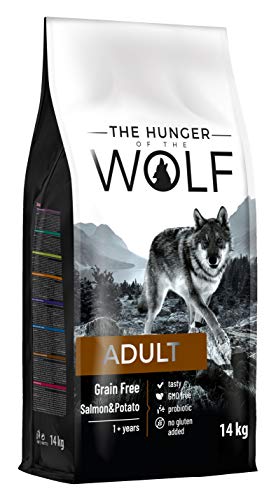 The Hunger of the Wolf Hundefutter für ausgewachsene Hunde aller Rassen und für Hunde mit Allergien Fein zubereitetes Trockenfutter ohne Getreide mit Lachs und Kartoffeln - 14 kg