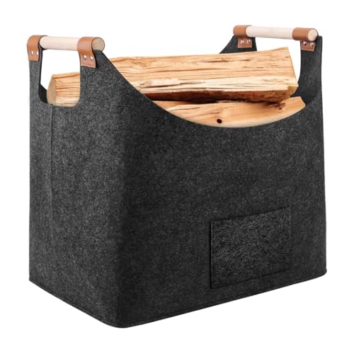 Holztasche aus Brennholzkorb Dicker mit Verstärkter Griff Faltbarer Feuerholzkorb Filztasche als Aufbewahrungs für Einkauf Zeitung Dunkelgrau