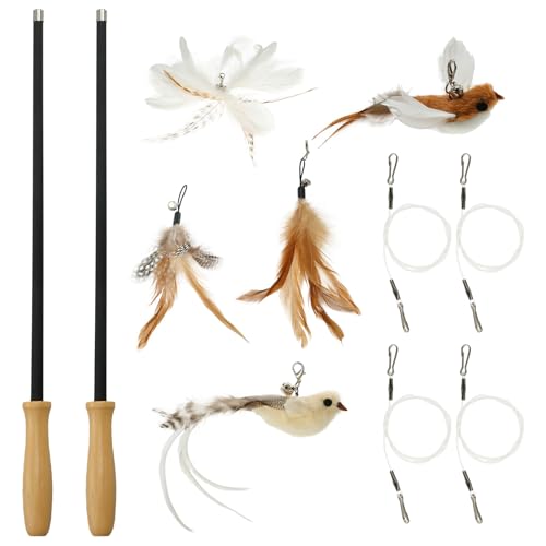 2 Stück Katzenangel Lang mit 3 Positionen Teleskopstange 107cm Katzenspielzeug Angel mit 2 Vogel 3 Federn Holzgriff Katzenspielzeug Vogel Geeignet für Große Mittelgroße Kleine Katzen