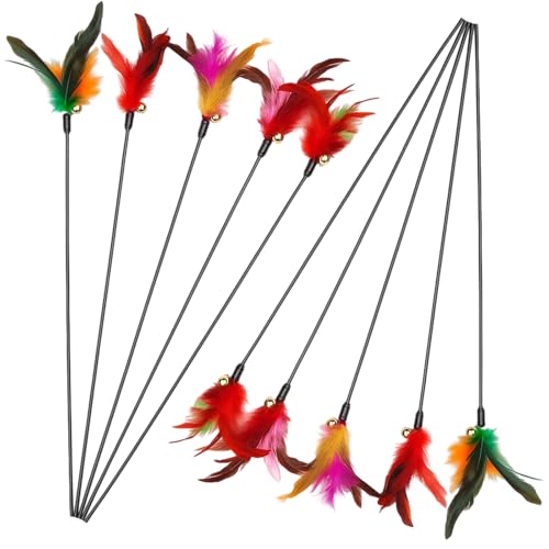 JcvPot Katzenangel Feder Katzenspielzeug Angel mit 10 Stück Federspielzeugen 40 cm Länge für interaktives Spiel und Bewegung Katzenliebhaber