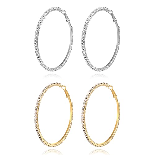 EVER FAITH 2 Paar 60mm große Creolen funkelnde Strass Creolen für Damen und Mädchen