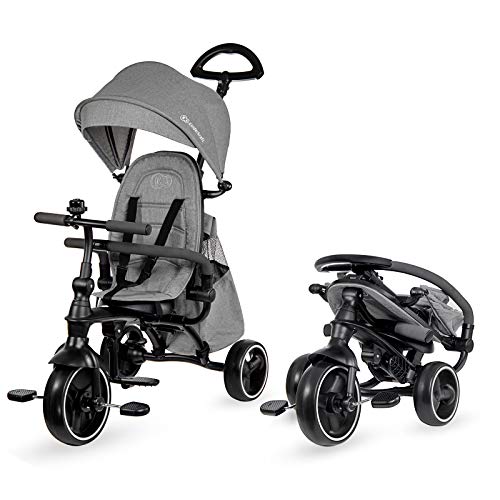 Kinderkraft Dreirad 4 in 1 Jazz Kinderdreirad Kinder Fahrrad Kinderwagen Klappbar mit Zubehör Tasche Klingel Lenkbarer Freilauf Sonnendach Lenker ab 9 Monate bis 3 Jahre Grau