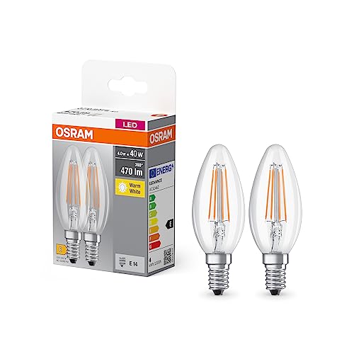 OSRAM BASE CLASSIC B FIL 40 Lampe mit Sockel E14 Minikerzenform Doppelpack 4W 470lm 2700K warmweißes Licht geringe Wärmeentwicklung lange Lebensdauer geringer Energieverbrauch