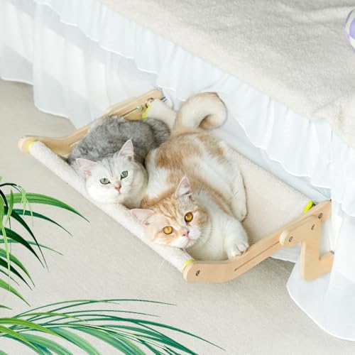 MEWOOFUN Katzen Hängematte heizung Fensterplätze für Katzen Fensterbankliege Katzenhängebett Fenster Platzsparendes Design bis zu 18kg 55x40cm Large Beige
