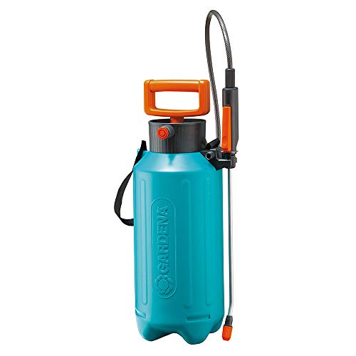 Gardena Drucksprüher 5 l Drucksprühgerät mit Füllstandsanzeige Speziallanzengriff langem Schlauch Schultertragegurt und Überdruckventil 822-20