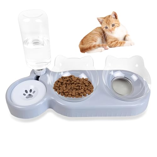 3 in 1 Katzennapf Katze Futternapf und Wassernapf Set Erhöhte Katzen Napfset Katzenfutter Fressnapf mit Wasserflasche Katzennäpfe für Kleine und Mittelgroße Katzen Hunde grau