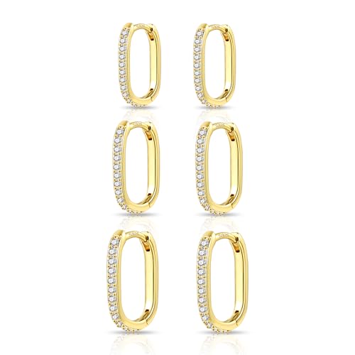 ALEXCRAFT Kleine Set 3Paar 14 Karat Vergoldet Rechteckige Ohrringen Eckig Set Kleine Knorpel Huggies Kreolen Wasserdichte Oval Herren