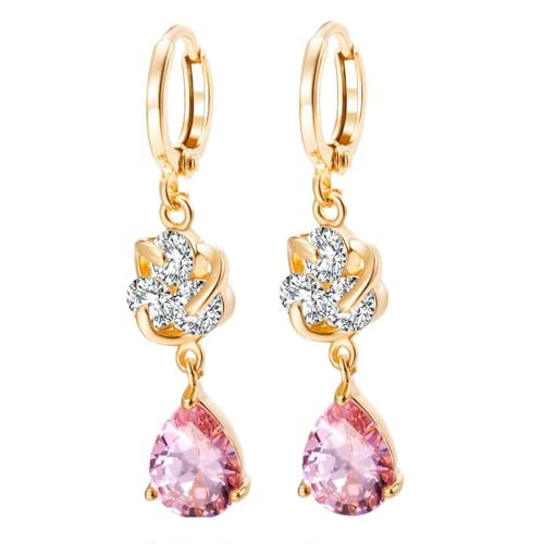 Tropfen Ohrringe Kupfer Ohrringe Hängend Pink Creolen mit Blume Und Tropfen Zirkonia Ohrringe Damen 8.5 x 36.5 mm
