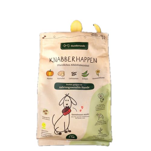 Hunderunde Trockenfutter vegan für Hunde 4kg Knabberhappen Alleinfutter I vollwertig pflanzlich I Kann die Verdauung Fellglanz unterstützen I Insektenprotein Kichererbse Flohsamen Süßkartoffel