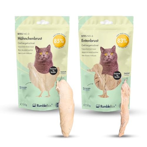 Gefriergetrocknete Katzensnacks RumbleBox Sparbox Genussbissen 100% ganze Hühner- Entenbrust natürliche Zahnpflege für Katzen gesunde Katzenleckerlis ohne Zusätze 2x50g