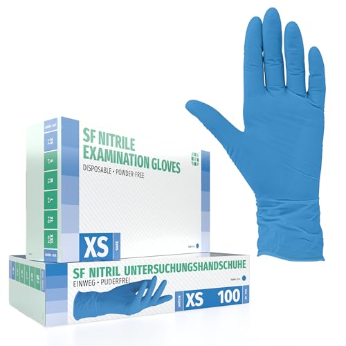 SF Nitrilhandschuhe XS Blau 100 Stück Einweghandschuhe Einmalhandschuhe Medizinische Handschuhe Puderfrei Latexfrei Handschuhe Einweg zum Kochen Putzen für Medizin Küche Kosmetik Haushalt