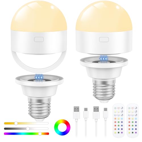 Oumida 2 Stück Aufladbare Glühbirne Mit Fernbedienung 3 Farben Dimmbare Wiederaufladbare Glühbirne E27 Abnehmbare LED Akku glühbirne mit Batterie Timing für Nicht Verkabelte Lampen Dekoration 2