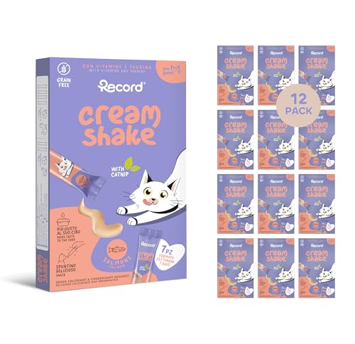 Record - Cream Shake Cremiger Snack für Katzen mit Lachs und Catnip 12 Packungen 7 Sticks 12 g Monoprotein ohne Zucker hohe Reizbarkeit mit natürlichem Catnip