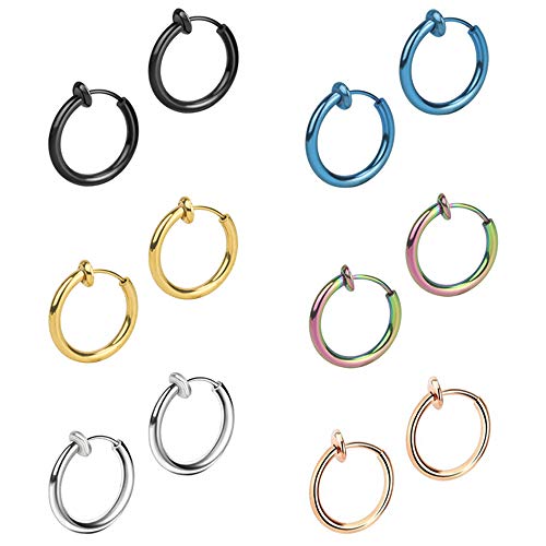 6 Paare 13mm Titan Edelstahl Creolen Ohrringe für Herren Damen Männer Ohrringe Clips Set Fake Plugs Tunnel Non-Piercing Ohrclips Ohne Ohrlöcher Rund Schwarz Silber Regenbogen Gold Blau Rose Gold