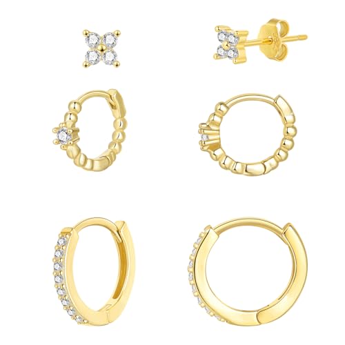SILBERTALE 3 Paare Ohrringe Set Silber 925 Mini Gold Creolen mit Kugeln Klein Zirkonia Ohrstecker Mädchen Damen