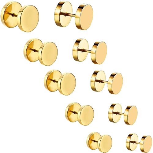 AFCJLTO 5 Paar Ohrringe in Gold-Optik für Herren und Damen aus Edelstahl - Ohrstecker Creolen Tunnel Fake Plugs in Größen von 6mm bis 12mm auch für empfindliche Ohren geeignet