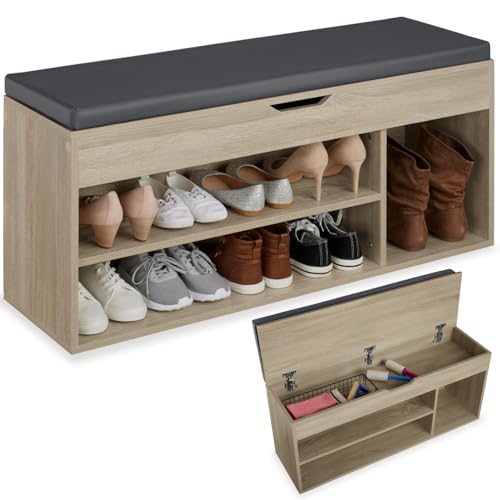 tectake Sitzbank mit Stauraum Schuhregal mit Sitzbank 104 x 30 x 49 cm Hocker mit Stauraum Schuhregal schmal platzsparend als Ablage Dielen- Flurmöbel Garderobe - Holz hell Eiche Sonoma
