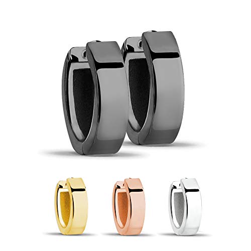 Treuheld Klassische eckige Creolen Ohrringe 925 Sterling Silber 4mm x 13mm Schwarz Klappcreolen für Damen und Herren Set Paar