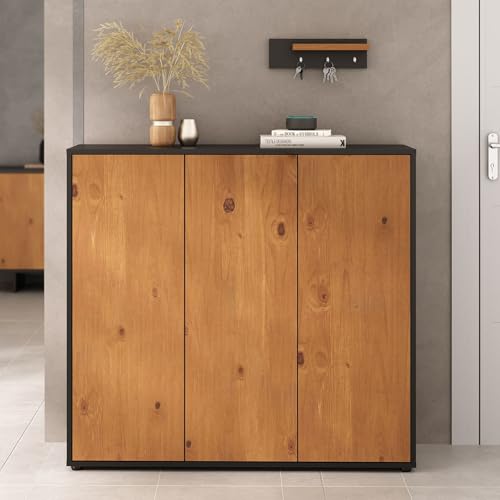 Schuhschrank MIRAN mit 3 Türen Schwarz Eiche farben - Platzsparender Schuhorganizer Schuhregal Schmal Schuhaufbewahrung aus Holz Ideal für Flur und Ankleideraum Stauraum für ca. 25 Paar Schuhe