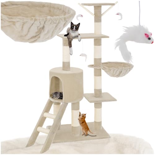 tectake Kratzbaum Katzenbaum für Katzen Kratzbaum mittel groß mit Sisalstangen Höhle und Treppe Katzenhaus 144 cm hoch Kletterbaum für Katzen Spielbaum für Katzen - beige