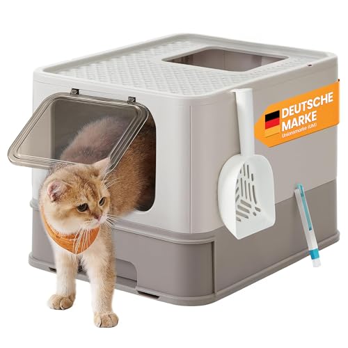 Feandrea Deckel ausziehbares Tablett Schaufel Bürste für Katzen bis 15kg weniger Spuren auslaufsicherer Boden haferflockenfarben warmgrau PPT001G01