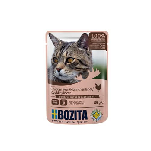 Bozita Pouch Nassfutter Häppchen in Gelee mit Hühnchenleber - 12x85g Portionsbeutel getreidefreies weizenfreies Futter - Katzennassfutter für Adult-Katzen mit 8 5% Protein 4 5% Fettgehalt