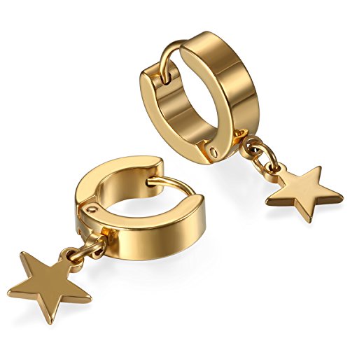 JewelryWe Schmuck Ohrringe Creolen Edelstahl Huggie Hoop Klappcreolen Ohrpiercing Ohrhänger Ohrstecker mit Stern Anhänger für Herren Damen Gold
