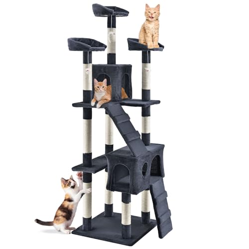 Juskys XXL Amy   Katzenbaum Höhlen Liegeflächen Leitern Sisal Stämmen   Stabiler Kletterbaum für 170 cm hoch   Grau