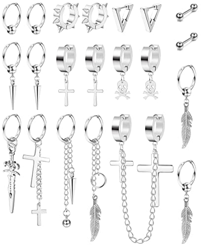 MILACOLATO 21 Stück 316L Edelstahl Creolen Ohrringe für Herren Damen Baumeln Kettenohrringe Punk Gothic Kpop Ohrringe Creolen Blatt Kreuz Ohrringe Set Unisex Silber