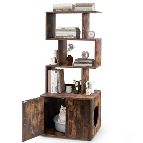 COSTWAY Katzenschrank mit Bücherregal Katzenklo Schrank für Katzentoilette Büroregal mit 4 Ebenen Eingang Katzenhaus für Katzen Hunde Haustier Katzenmöbel Indoor 60 x 45 5 x 142 cm Braun