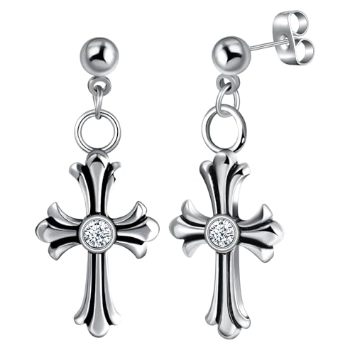 Yumilok Herren Damen Kreuz Ohrstecker Creolen Ohrringe - Edelstahl mit Zirkonia - Unisex - Silber