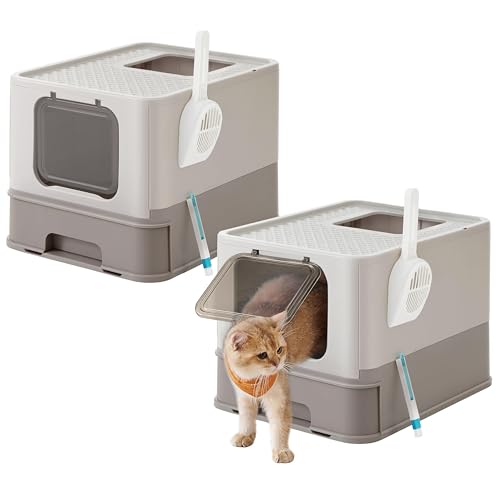 Feandrea 2er Set Katzentoilette Deckel ausziehbares Tablett geräumig für Katzen bis 15kg weniger Spuren auslaufsicherer Boden haferflockenfarben warmgrau PPT001G10