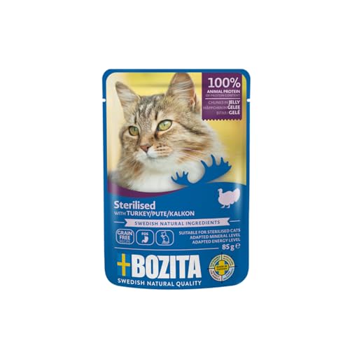 Bozita Sterilised Nassfutter Häppchen in Gelee mit Pute - 12x85g Portionsbeutel getreidefreies weizenfreies Futter für Katzen - Katzen Nassfutter mit 8 5% Protein 3 5% Fettgehalt