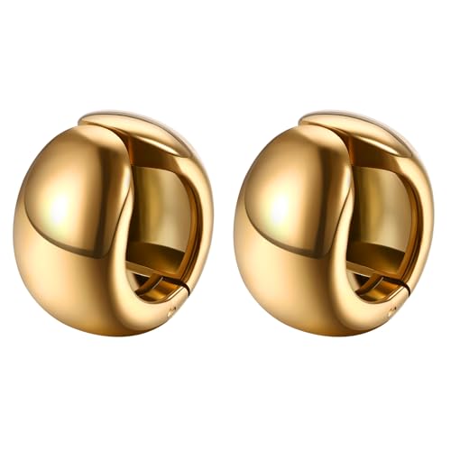 JewelryWe Chunky Gold Ohrclips 14K Vergoldet Dick Huggie Fake Piercings Ohrklemmen Klein Leicht Ohne Ohrloch Knorpel Schmuck 16mm Geschenk Frau