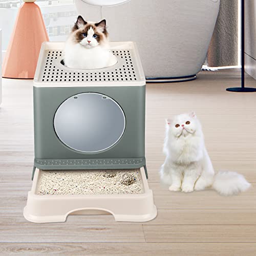 Katzenklo Katzentoilette mit Deckel Katzenklo inklusive Schaufel ausziehbares Tablett 2 Öffnungen auslaufsicherer Boden 48 39 34cm Grau rund