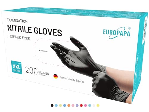 EUROPAPA 200x Nitrilhandschuhe Box Einweghandschuhe Einmalhandschuhe Untersuchungshandschuhe Nitril Handschuhe puderfrei ohne Latex unsteril latexfrei disposible gloves XXL Schwarz
