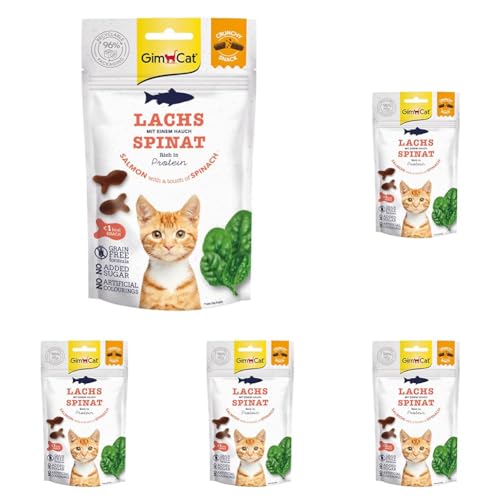 GimCat Crunchy Snacks Lachs Spinat - Knuspriges und proteinreiches Katzenleckerli - 1 Beutel 1 x 50 g Packung mit 5