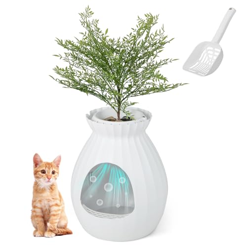 GOPLUS Katzentoilette mit intelligenter Geruchskontrolle Katzenklo mit Kunstpflanze Kieselsteinen Türvorhang Schaufel leicht zu reinigen Pflanzenklo für Katzen 50x50x59cm