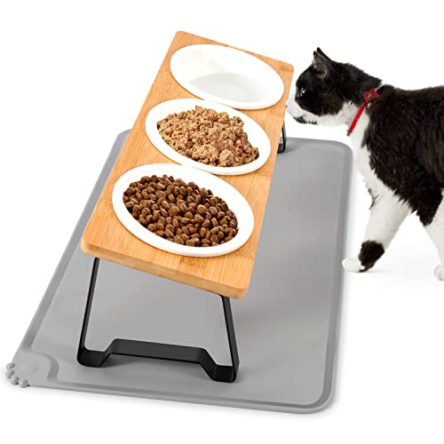 Lannvan Katzennapf Erhöht 3er Set Futternapf Katze aus Keramik mit Napfunterlage Silikon Ergonomischer Futterstation 15 gekippte Katzen Hundenapf Fressnapf und Wassernapf für Katzen und kleine Hunde