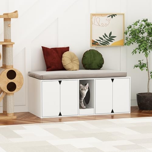 Katzenschrank Katzentoilette Katzenklo Schrank Katzenhaus mit Tür und Abfallbehälter Katzenhaus für Große Katzen Sitzbank Weiß MDF 43 x 52 x 110 cm