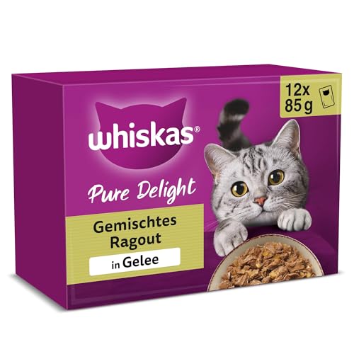WHISKAS PURE DELIGHT Nassfutter in Gelee 12 x 85g Gemischtes Ragout 4 Packungen 48 Portionsbeutel