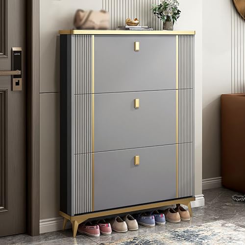 Schlankes Schuhregal aus Holz freistehend mit 3 Klapptüren Eingangsbereich für Haus und Wohnung Größe 60 x 17 x 120 cm modernes graues Design